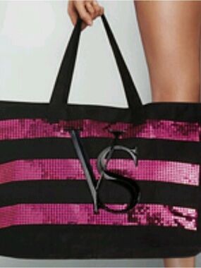 Victoria's Secret Black and Hot Pink Sequin Bag Overnight Gym Large Tote New